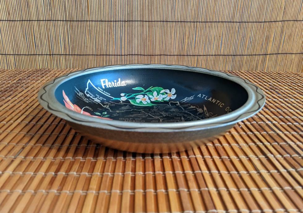 Vintage Florida State Map Souvenir Metal Serving Bowl | Florida Landmarks | Black Gold & Red Hibiscus