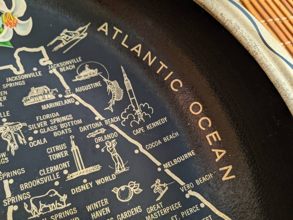 Vintage Florida State Map Souvenir Metal Serving Bowl | Florida Landmarks | Black Gold & Red Hibiscus