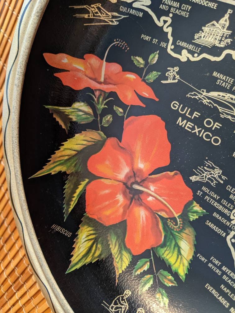Vintage Florida State Map Souvenir Metal Serving Bowl | Florida Landmarks | Black Gold & Red Hibiscus