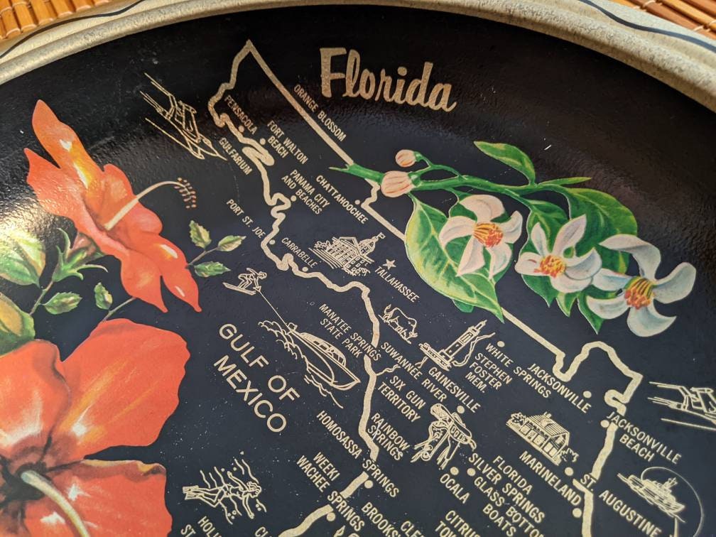 Vintage Florida State Map Souvenir Metal Serving Bowl | Florida Landmarks | Black Gold & Red Hibiscus