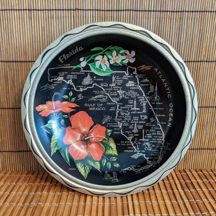 Vintage Florida State Map Souvenir Metal Serving Bowl | Florida Landmarks | Black Gold & Red Hibiscus