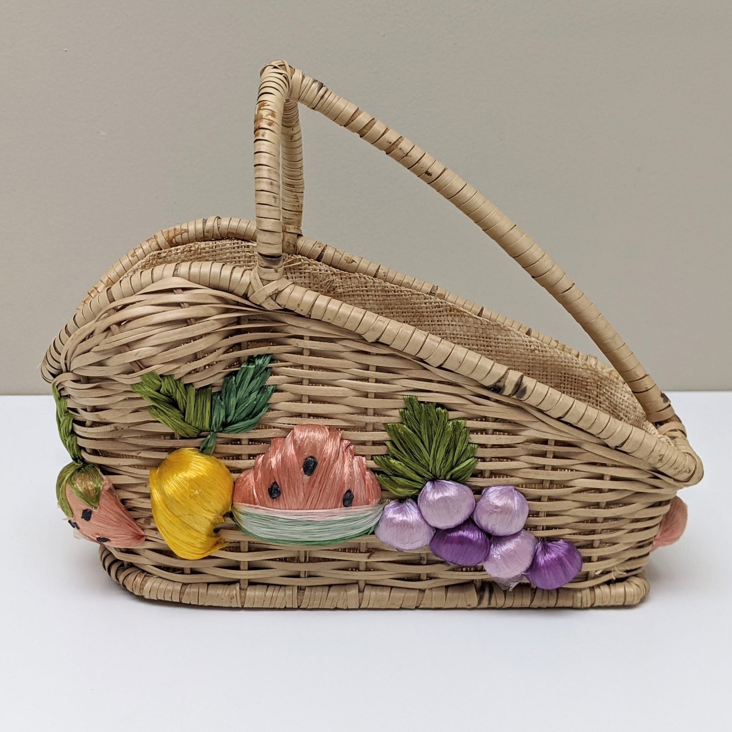 Vintage Handmade Woven Wicker Carrier Wine Basket with Multicolored Fruits | Wine Bottle Holder | Wine Bottle Gift Wrapping | Picnic Basket