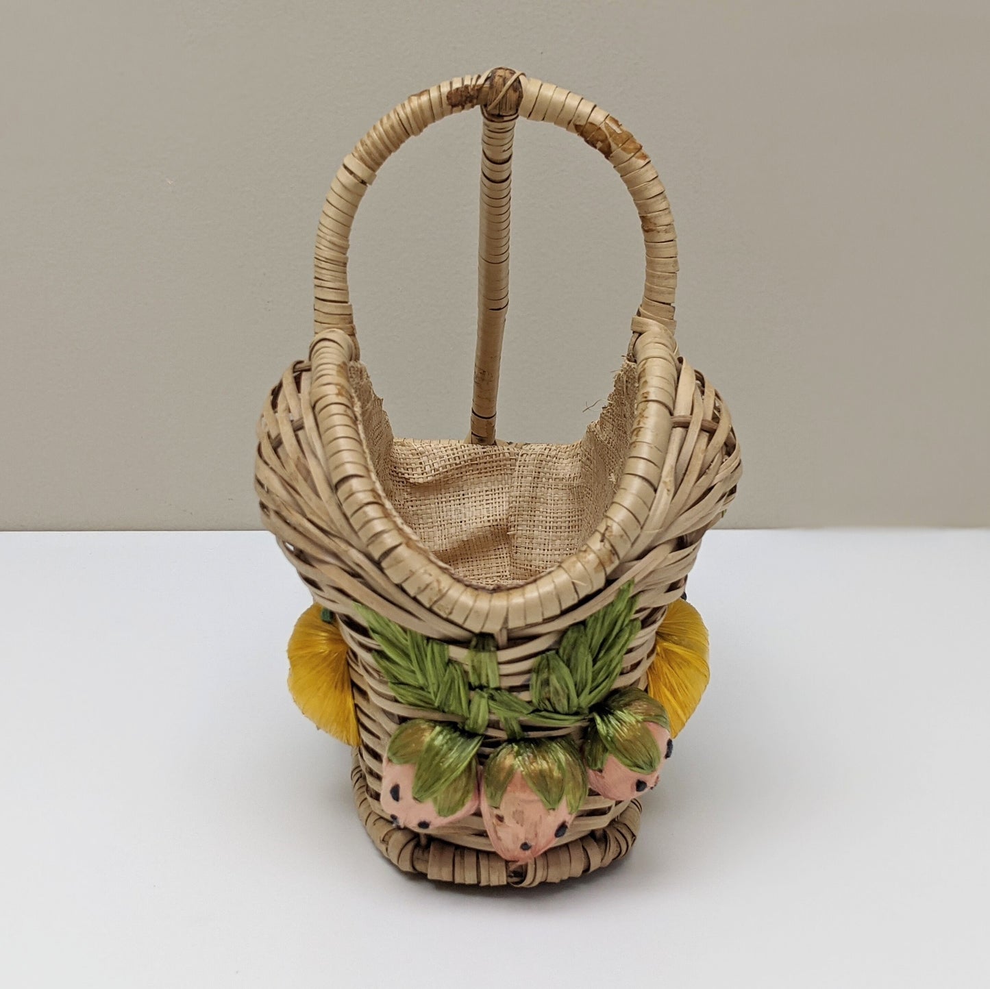 Vintage Handmade Woven Wicker Carrier Wine Basket with Multicolored Fruits | Wine Bottle Holder | Wine Bottle Gift Wrapping | Picnic Basket