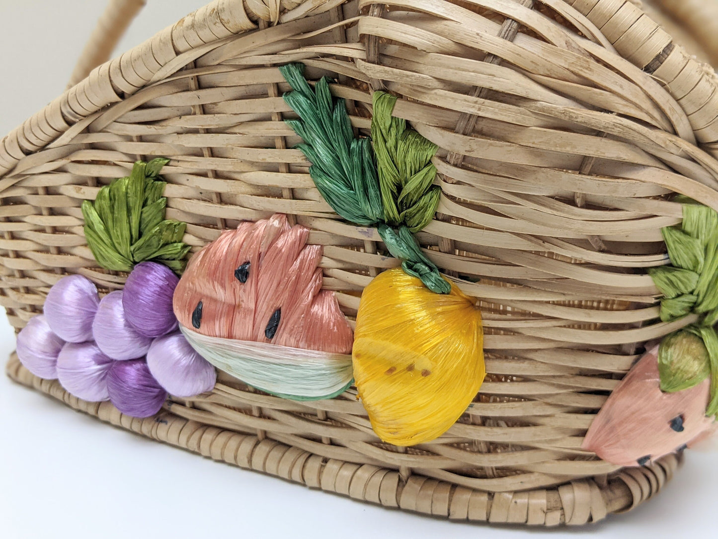 Vintage Handmade Woven Wicker Carrier Wine Basket with Multicolored Fruits | Wine Bottle Holder | Wine Bottle Gift Wrapping | Picnic Basket