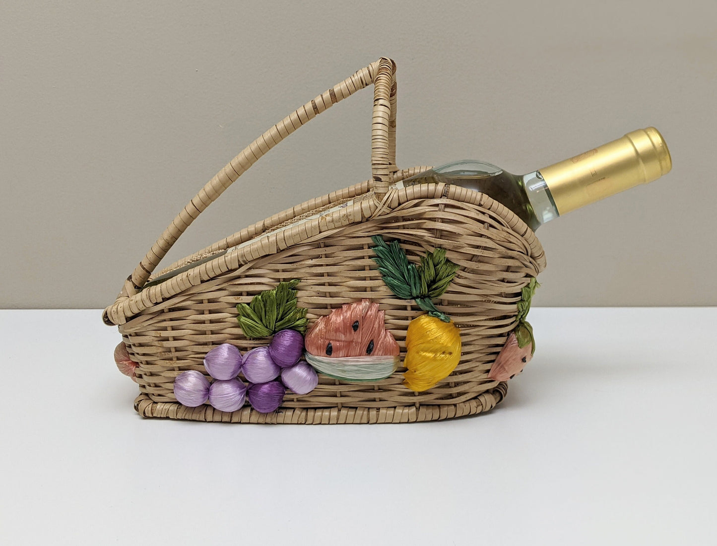 Vintage Handmade Woven Wicker Carrier Wine Basket with Multicolored Fruits | Wine Bottle Holder | Wine Bottle Gift Wrapping | Picnic Basket