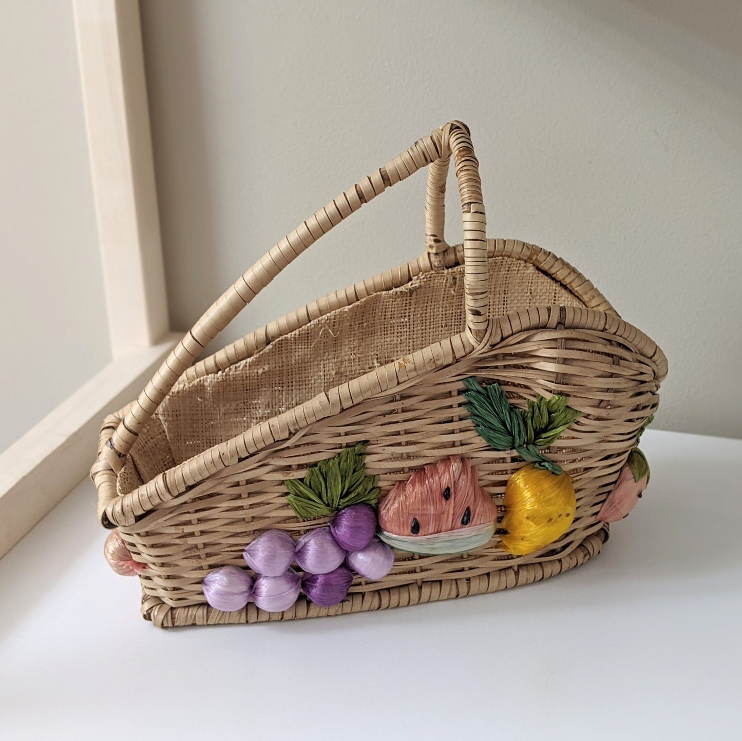 Vintage Handmade Woven Wicker Carrier Wine Basket with Multicolored Fruits | Wine Bottle Holder | Wine Bottle Gift Wrapping | Picnic Basket