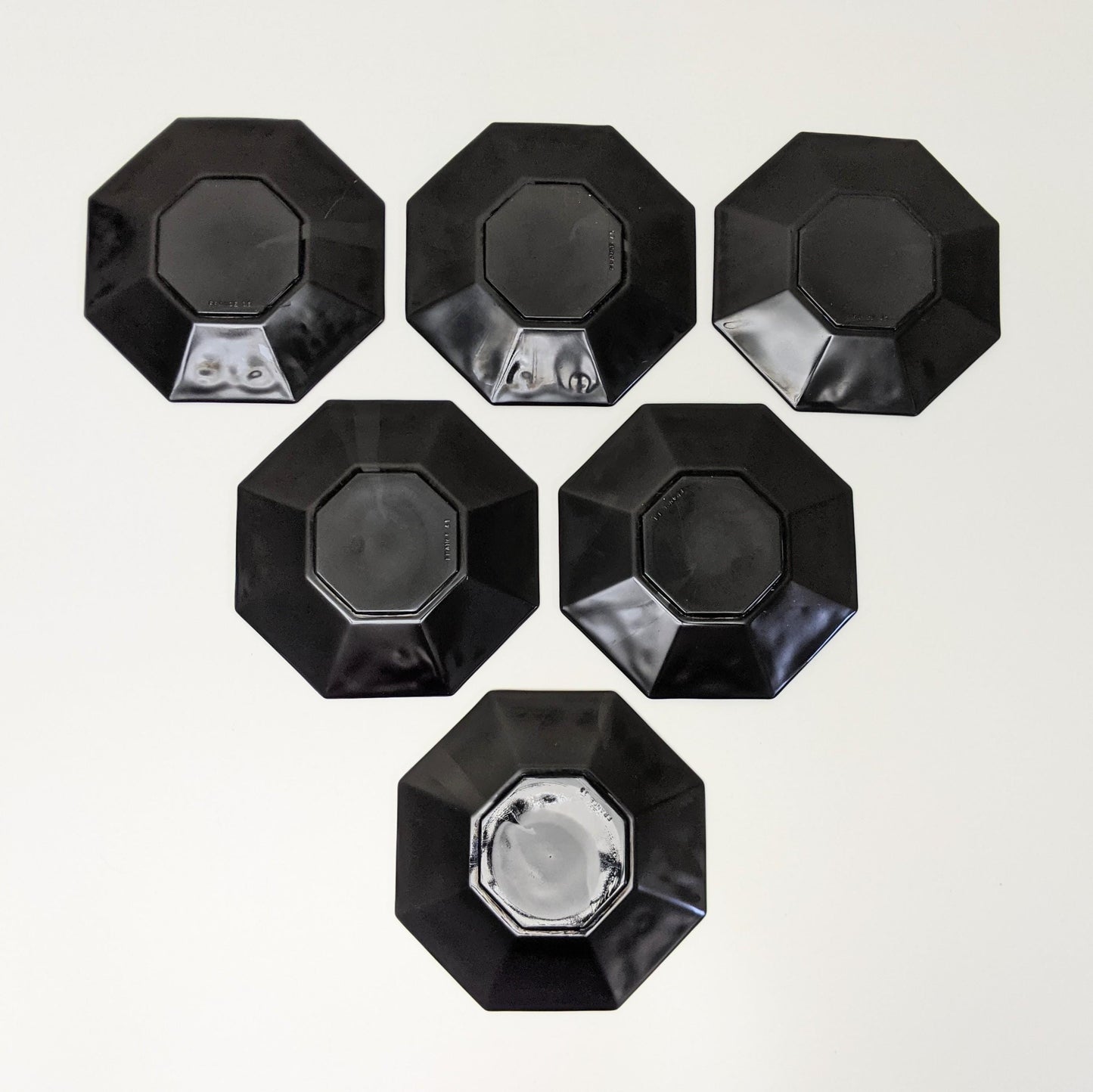 Set of six (6) Vintage Shanghai Octagonal Saucers by Arcoroc | Black Glass Red Trim | Made in France