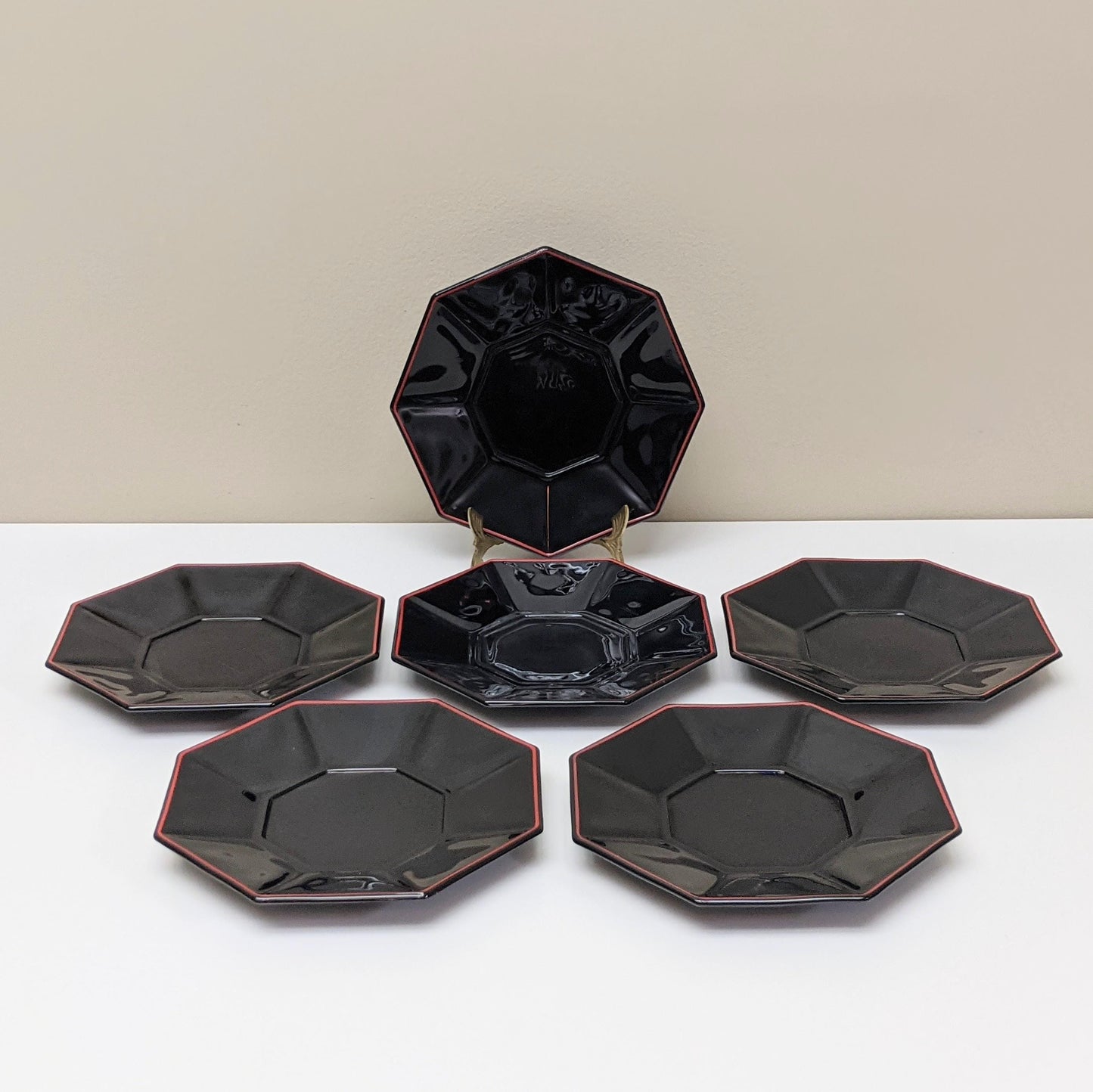 Set of six (6) Vintage Shanghai Octagonal Saucers by Arcoroc | Black Glass Red Trim | Made in France