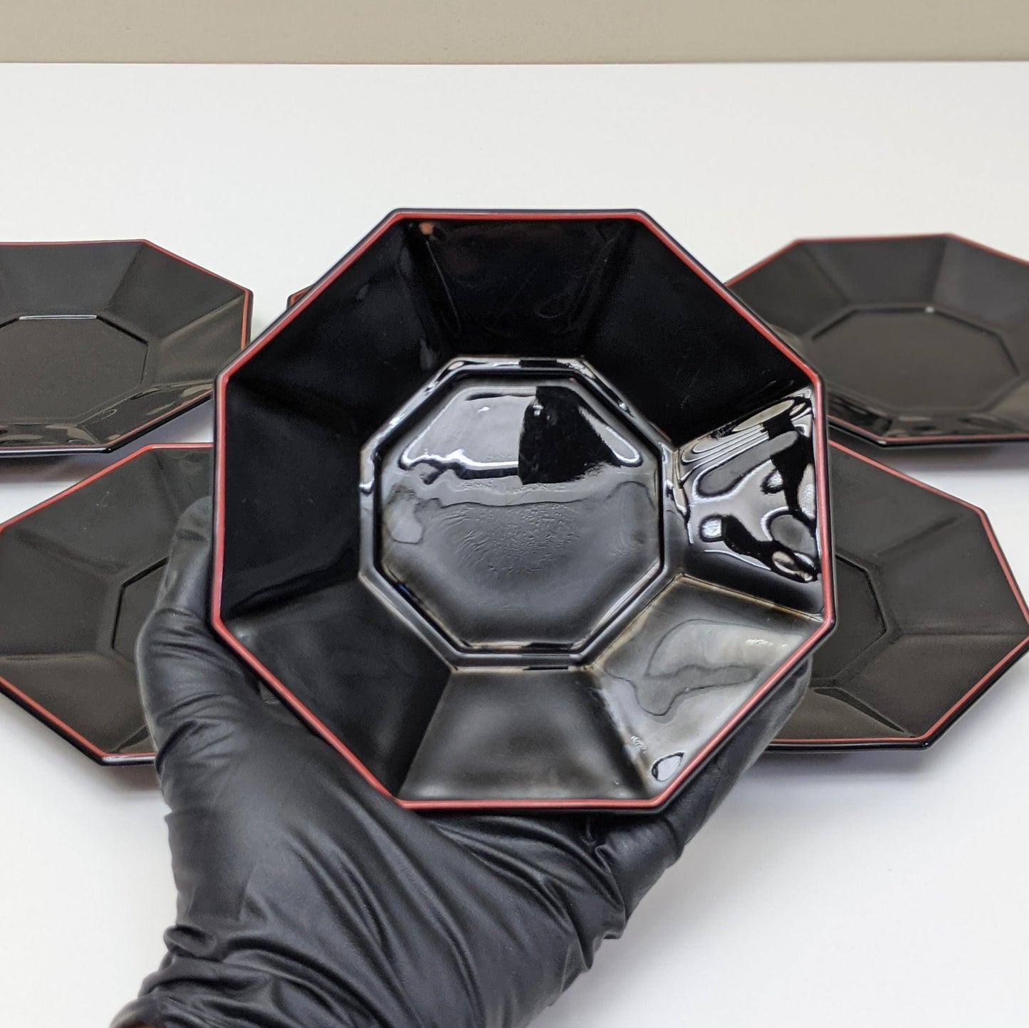 Set of six (6) Vintage Shanghai Octagonal Saucers by Arcoroc | Black Glass Red Trim | Made in France