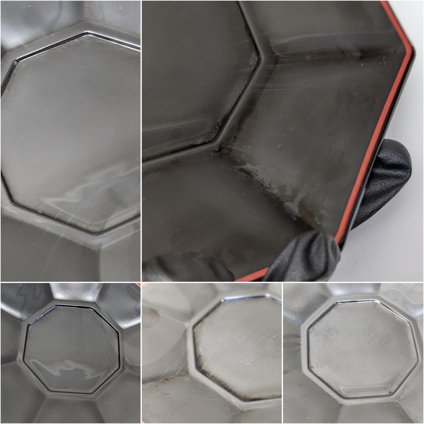 Set of six (6) Vintage Shanghai Octagonal Saucers by Arcoroc | Black Glass Red Trim | Made in France