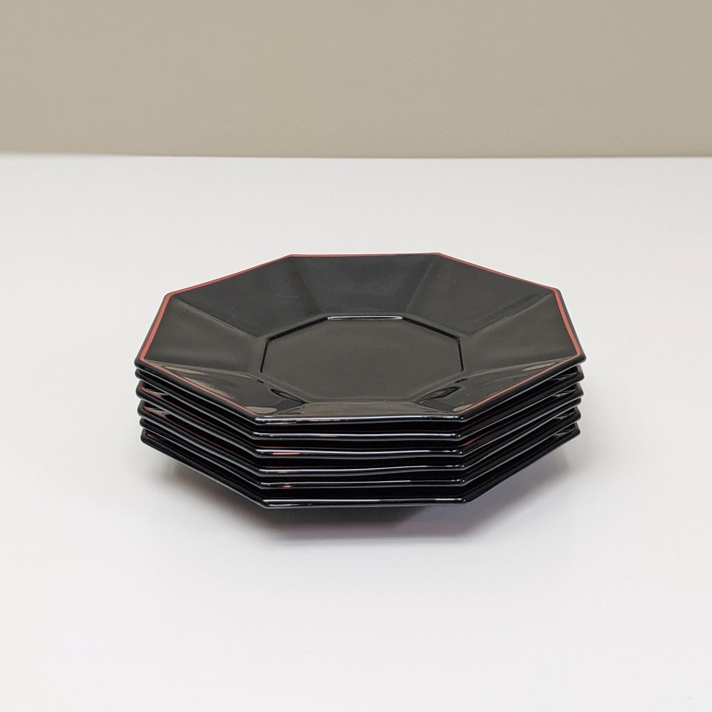 Set of six (6) Vintage Shanghai Octagonal Saucers by Arcoroc | Black Glass Red Trim | Made in France