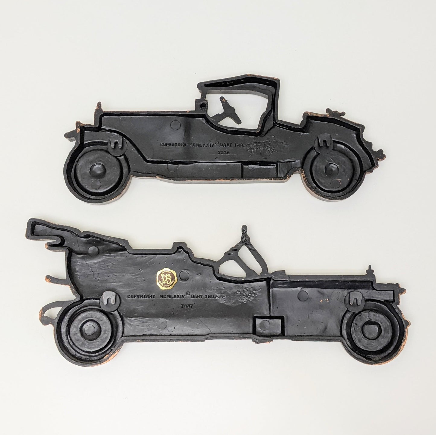 Set of two (2) Vintage Plastic Old Timey Car Wall Decorations by Dart | Coppercraft Guild Canada | Mid Century Modern