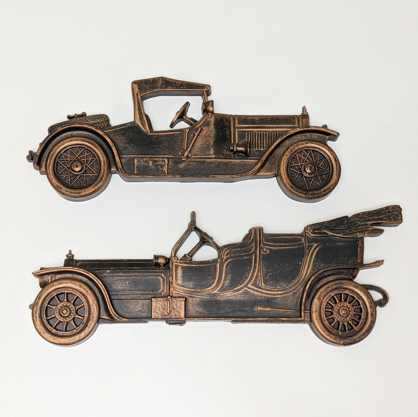 Set of two (2) Vintage Plastic Old Timey Car Wall Decorations by Dart | Coppercraft Guild Canada | Mid Century Modern