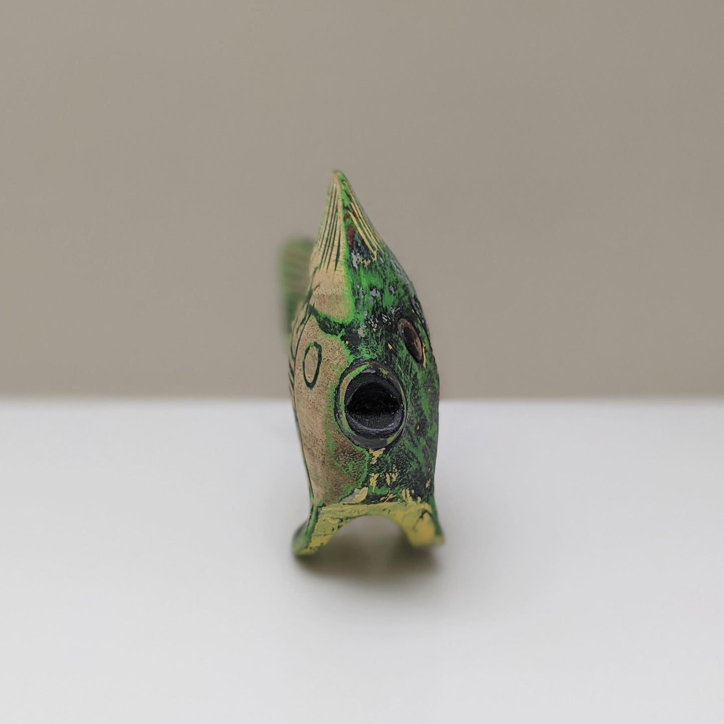 Vintage Wooden Decorative Handcarved Black and Green Tropical Fish Sculpture
