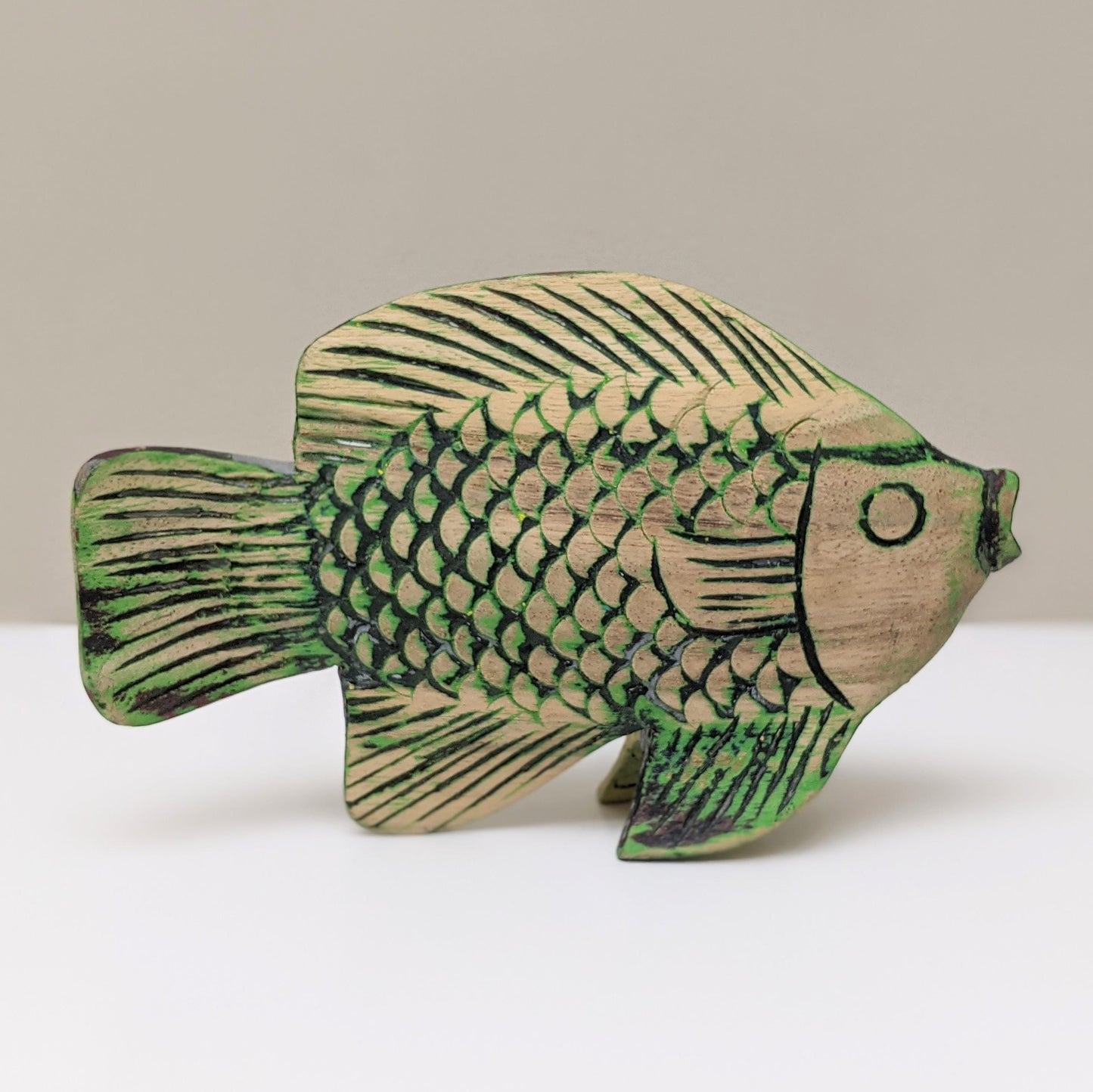 Vintage Wooden Decorative Handcarved Black and Green Tropical Fish Sculpture