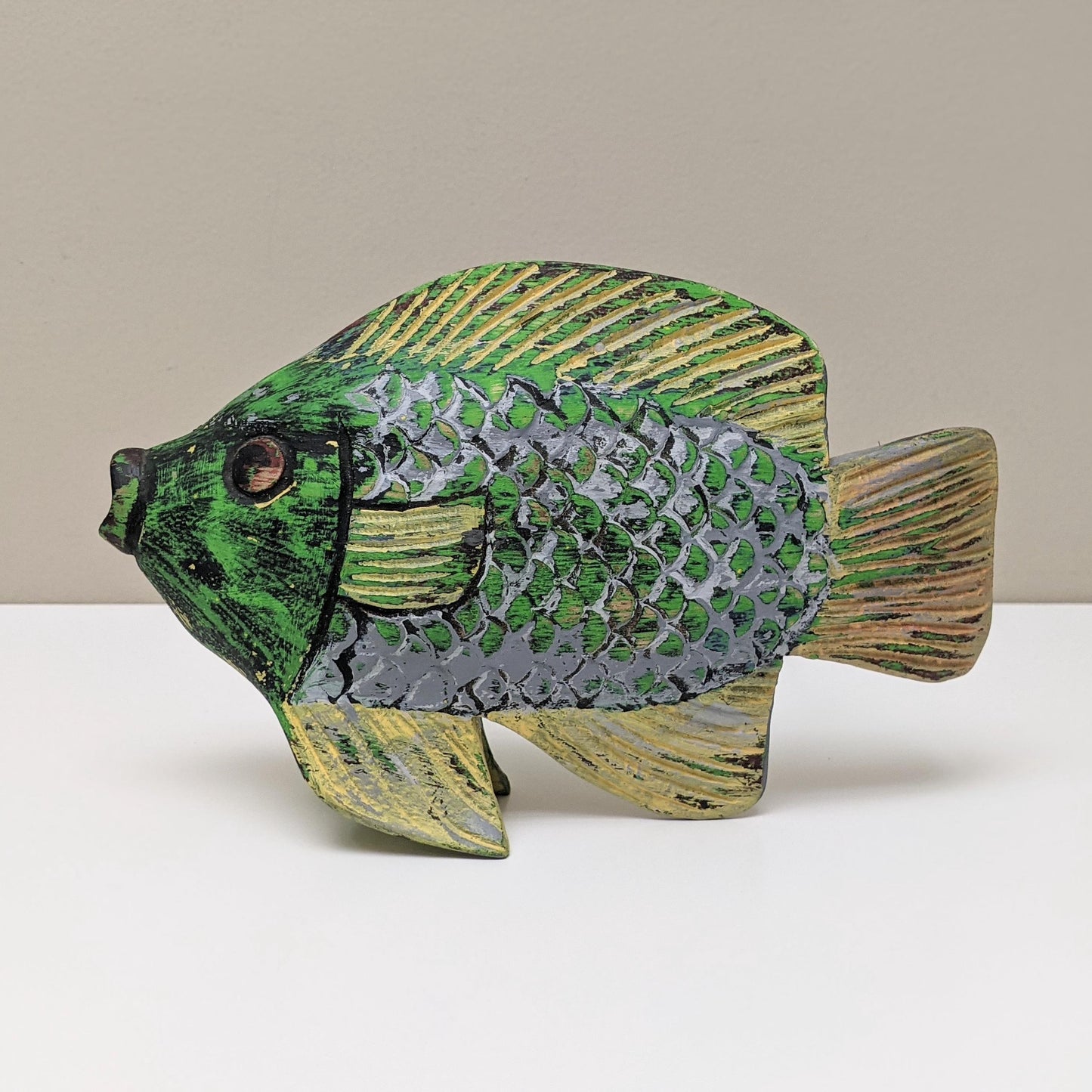 Vintage Wooden Decorative Handcarved Black and Green Tropical Fish Sculpture