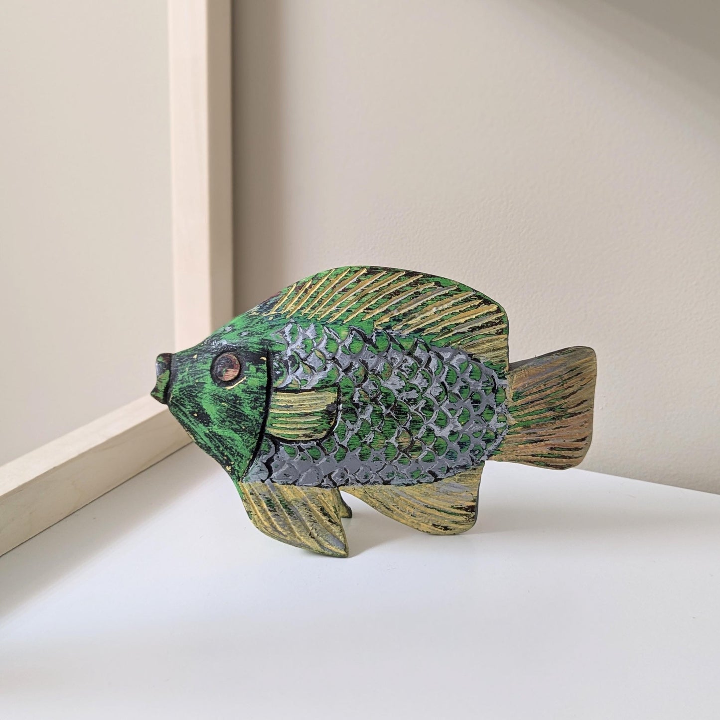 Vintage Wooden Decorative Handcarved Black and Green Tropical Fish Sculpture