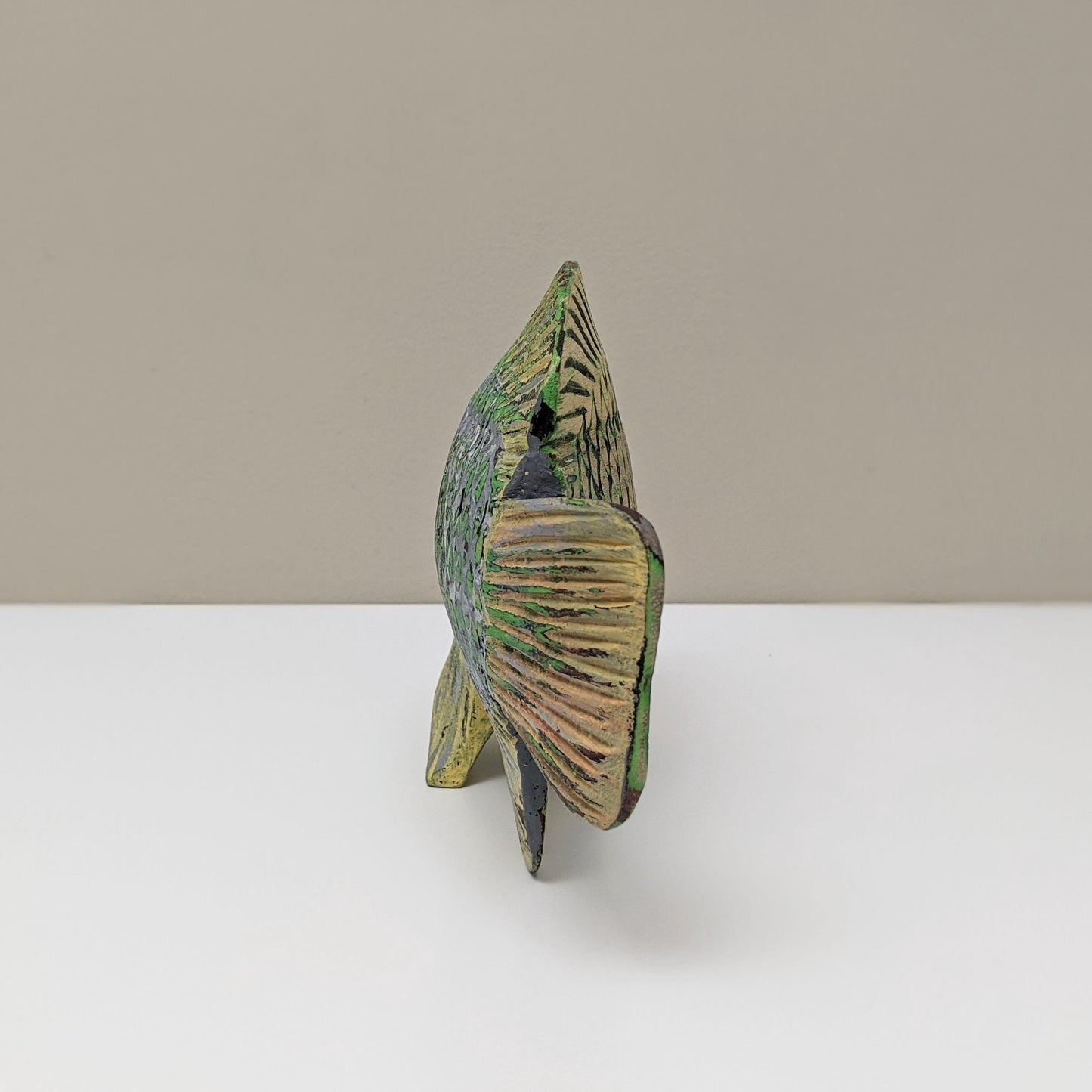 Vintage Wooden Decorative Handcarved Black and Green Tropical Fish Sculpture