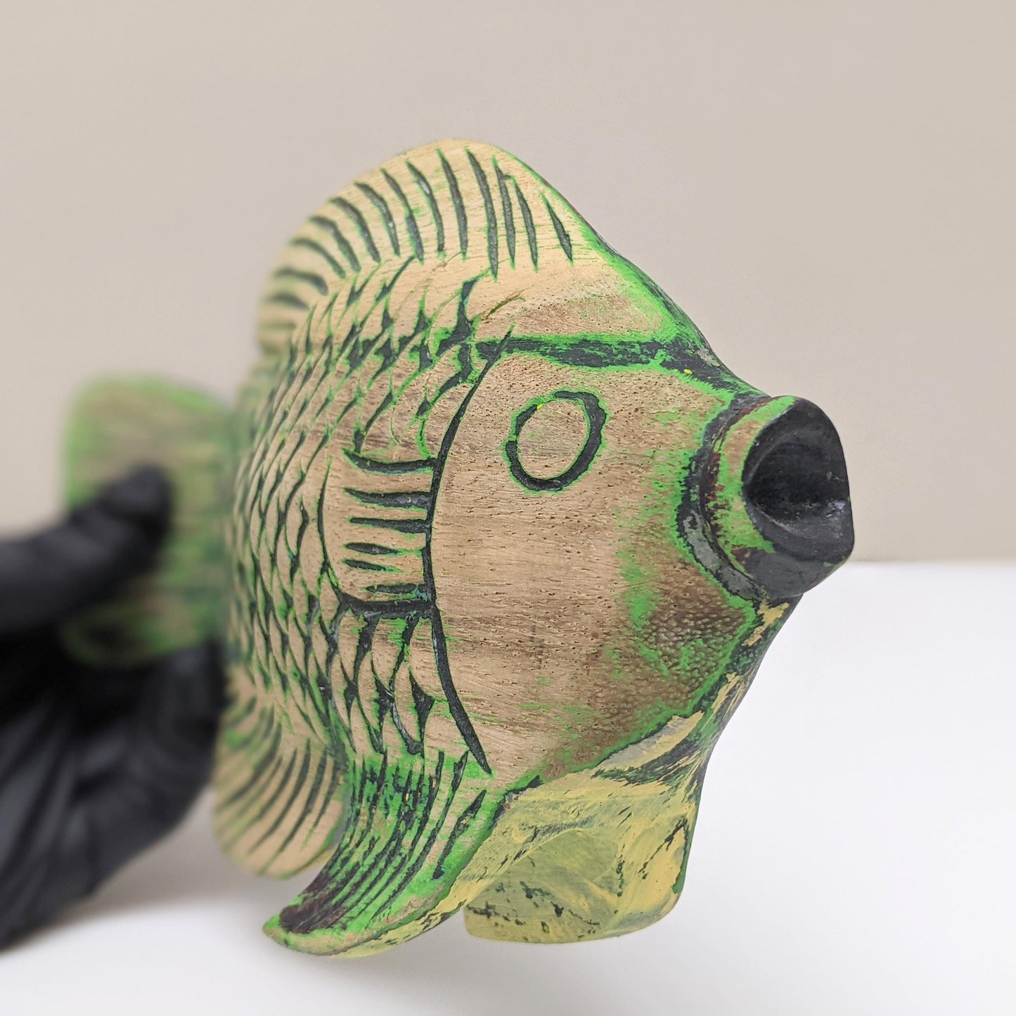 Vintage Wooden Decorative Handcarved Black and Green Tropical Fish Sculpture
