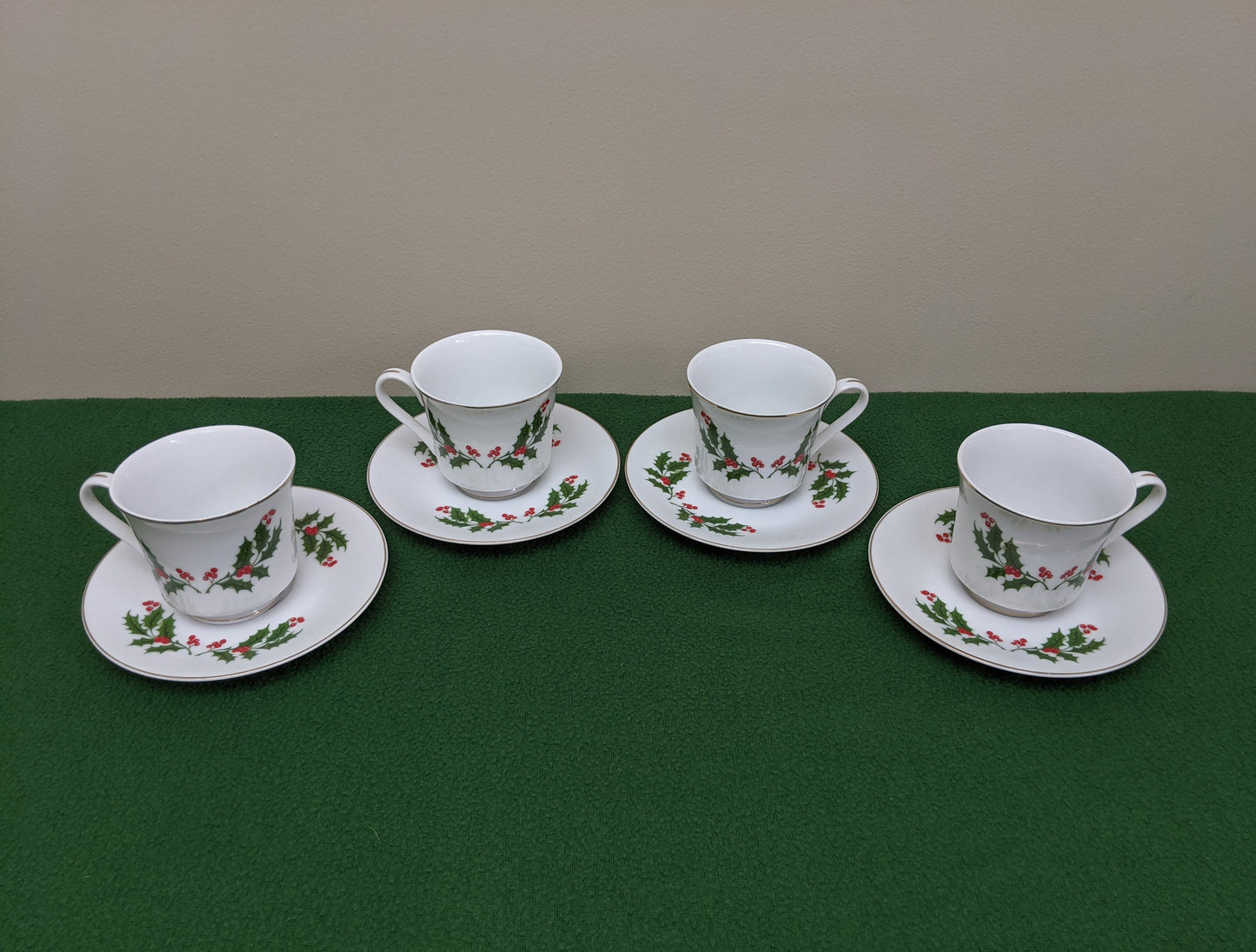 Set of four (4) Vintage Mistletoe White Fine China Christmas Cups and Saucers | Made in Japan