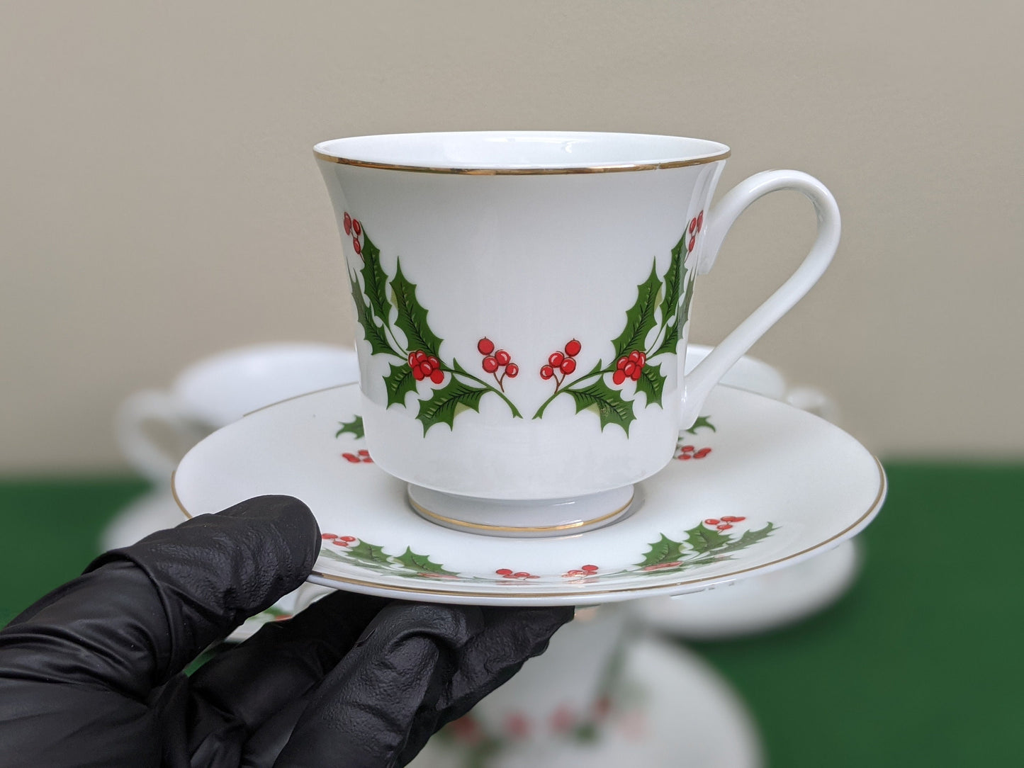 Set of four (4) Vintage Mistletoe White Fine China Christmas Cups and Saucers | Made in Japan