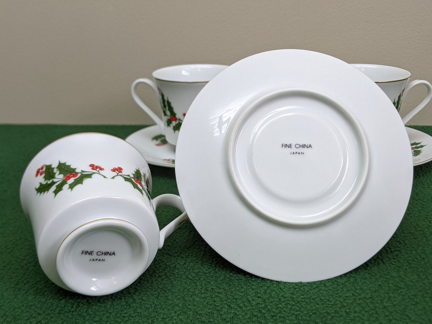 Set of four (4) Vintage Mistletoe White Fine China Christmas Cups and Saucers | Made in Japan