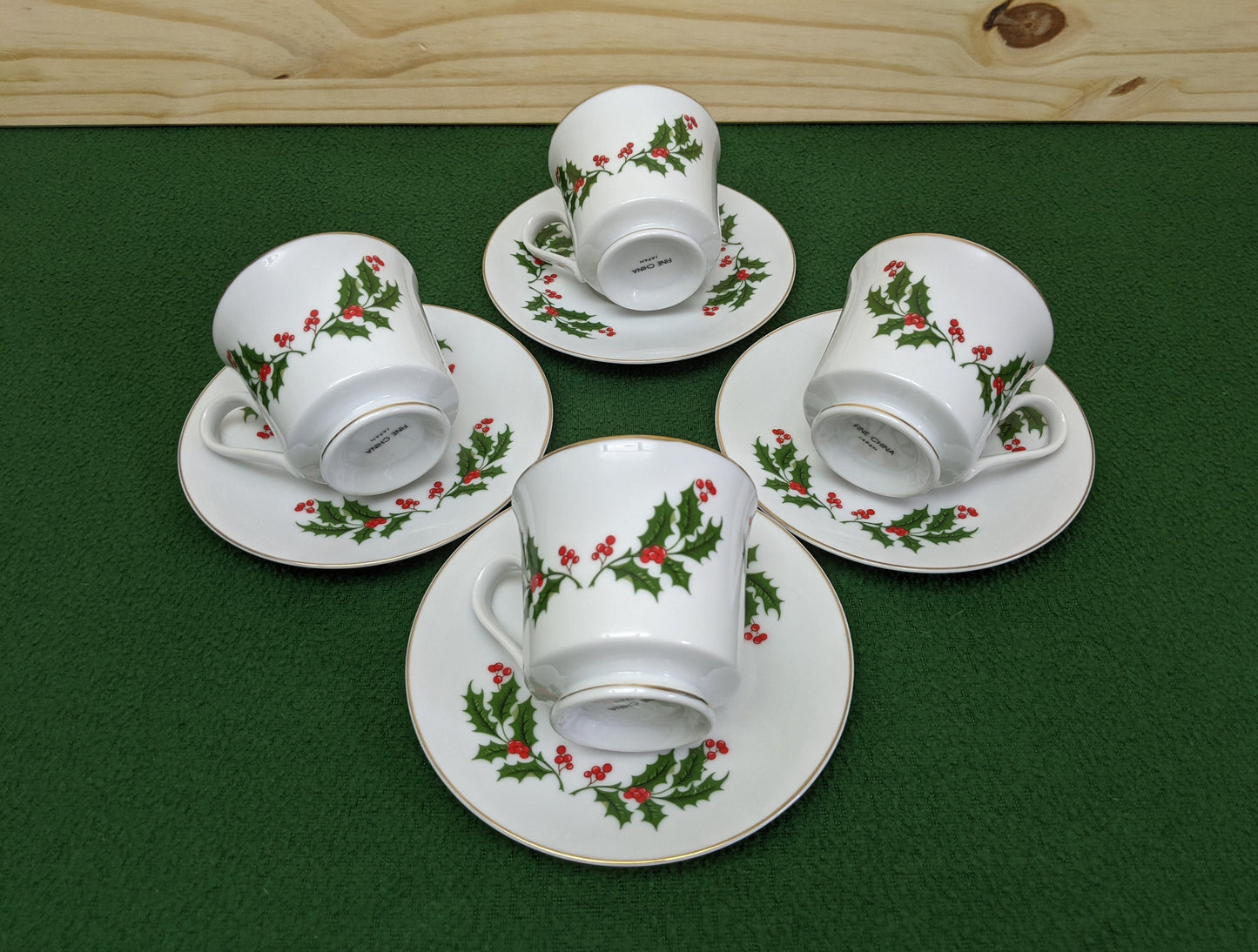 Set of four (4) Vintage Mistletoe White Fine China Christmas Cups and Saucers | Made in Japan