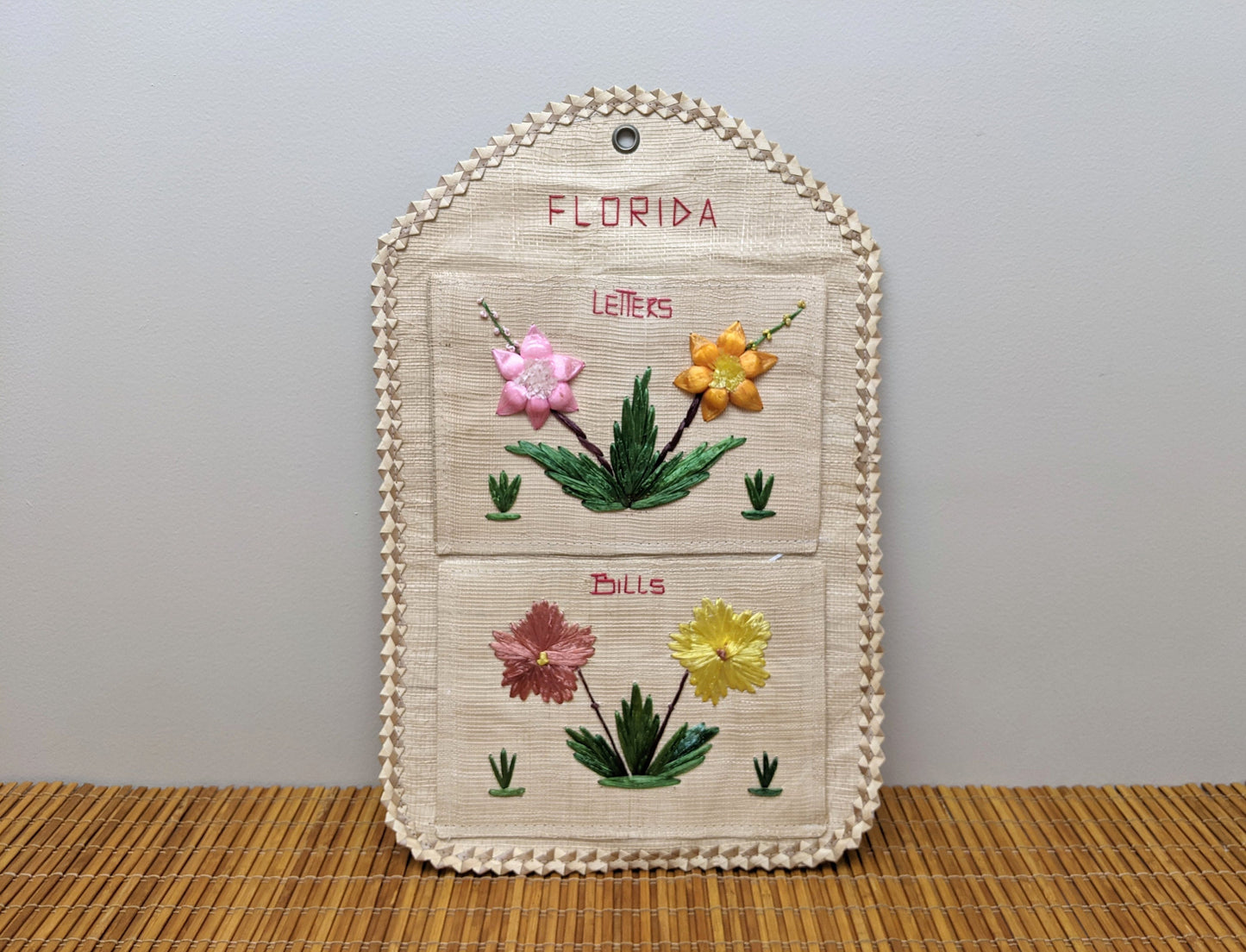 Vintage Florida Rafia Letters & Bills Organizer Wall Hanging | Florida Souvenir