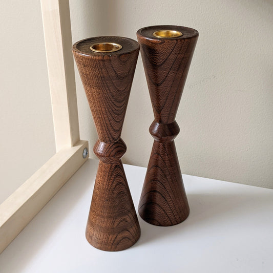 Set of two (2) Vintage Hourglass Wooden Candlestick Holders | Scandinavian Style