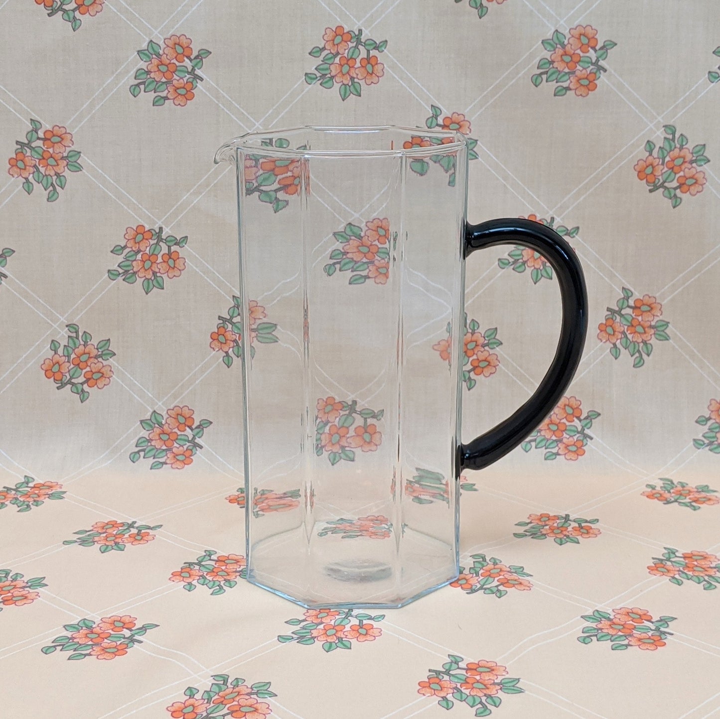 Vintage Octime Black and Clear Glass 44 Oz Pitcher by Arcoroc | Luminarc | Octagonal Shape | Made in France