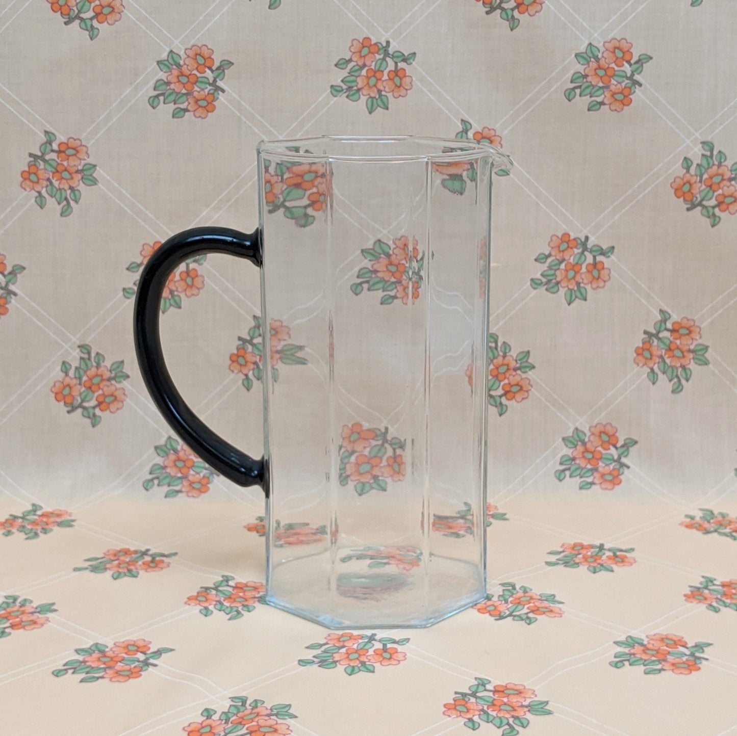 Vintage Octime Black and Clear Glass 44 Oz Pitcher by Arcoroc | Luminarc | Octagonal Shape | Made in France