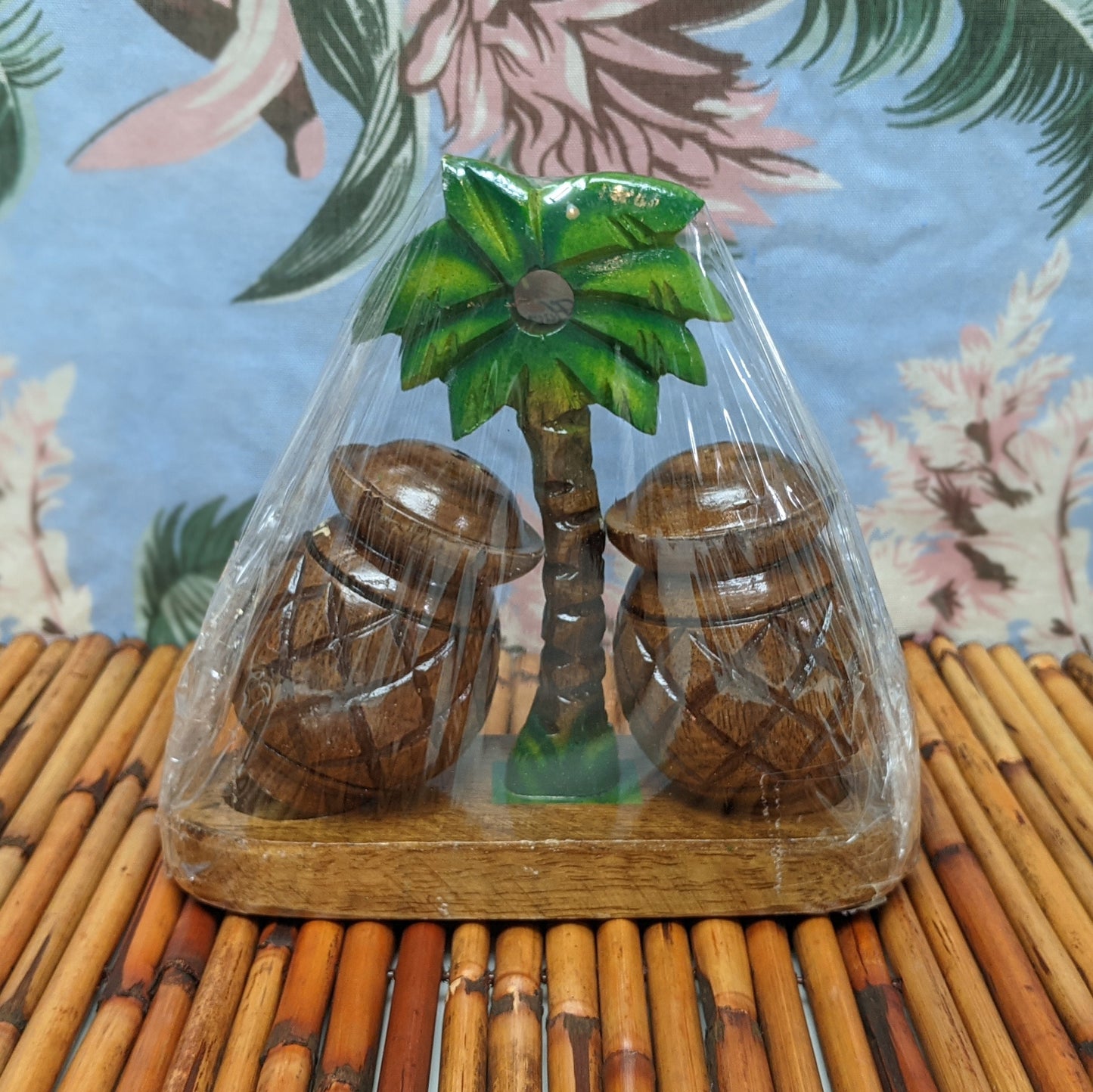 Vintage Monkey Pod Wood Pinapple Shaped Salt and Pepper Shakers | Palm Tree Rack | Original Packaging | Souvenir of Hawaii