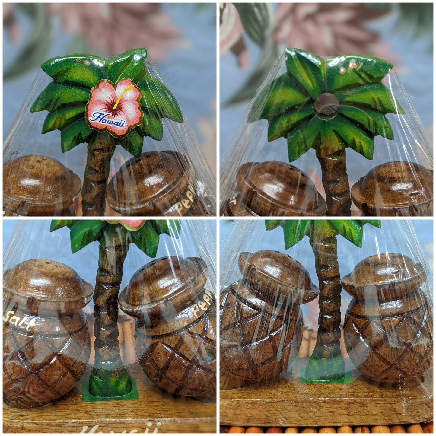 Vintage Monkey Pod Wood Pinapple Shaped Salt and Pepper Shakers | Palm Tree Rack | Original Packaging | Souvenir of Hawaii