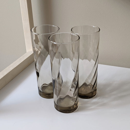 Set of three (3) Vintage Smokey Grey Dominion Swirl Glass Tumblers | Juice Glasses | Tall Drinking Glasses