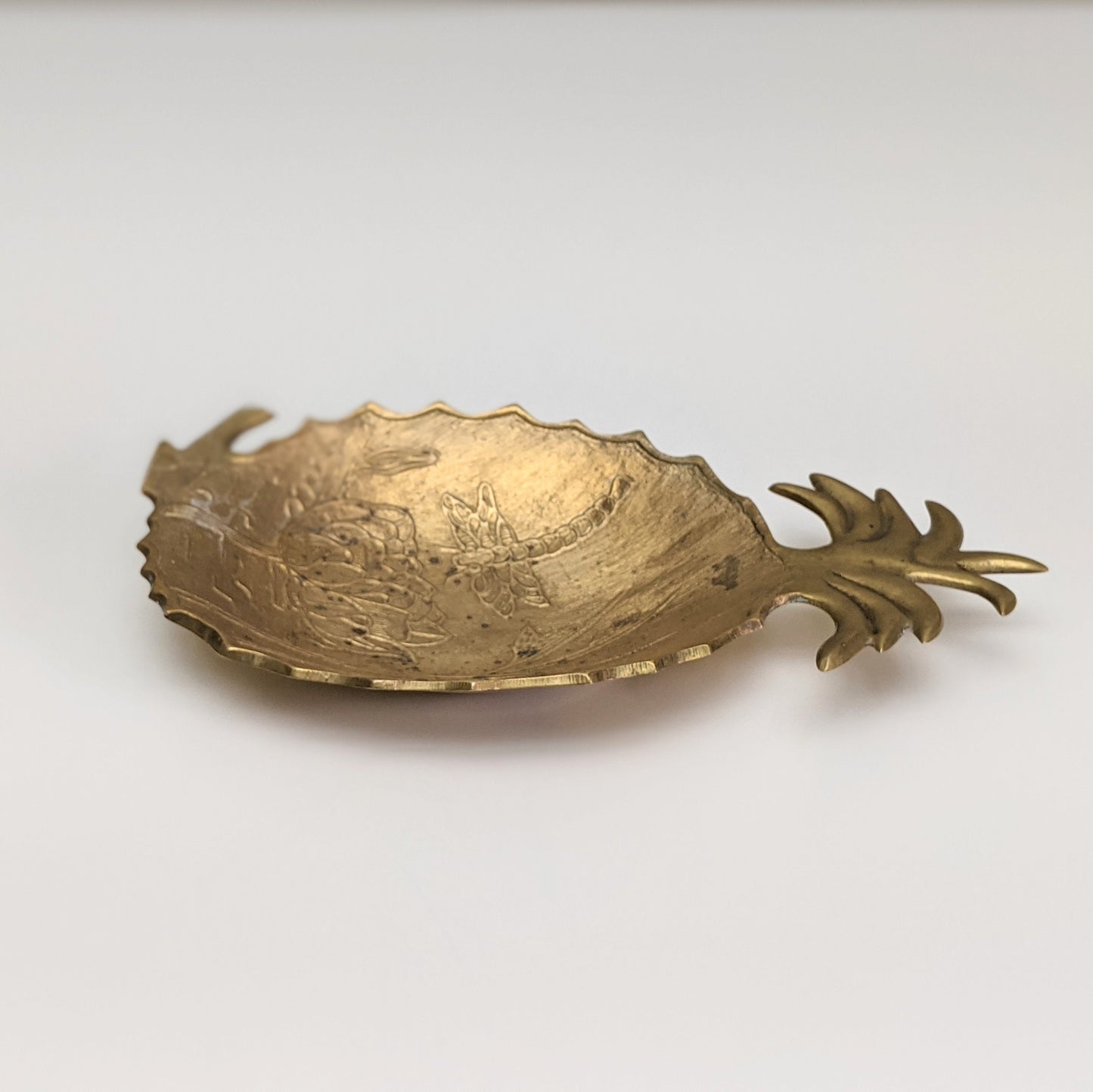 Vintage Brass Pineapple Catchall Dish | Flower and Dragonfly | Trinket Dish | Jewelry Dish