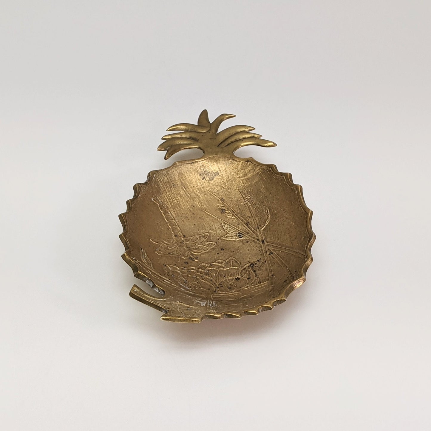 Vintage Brass Pineapple Catchall Dish | Flower and Dragonfly | Trinket Dish | Jewelry Dish