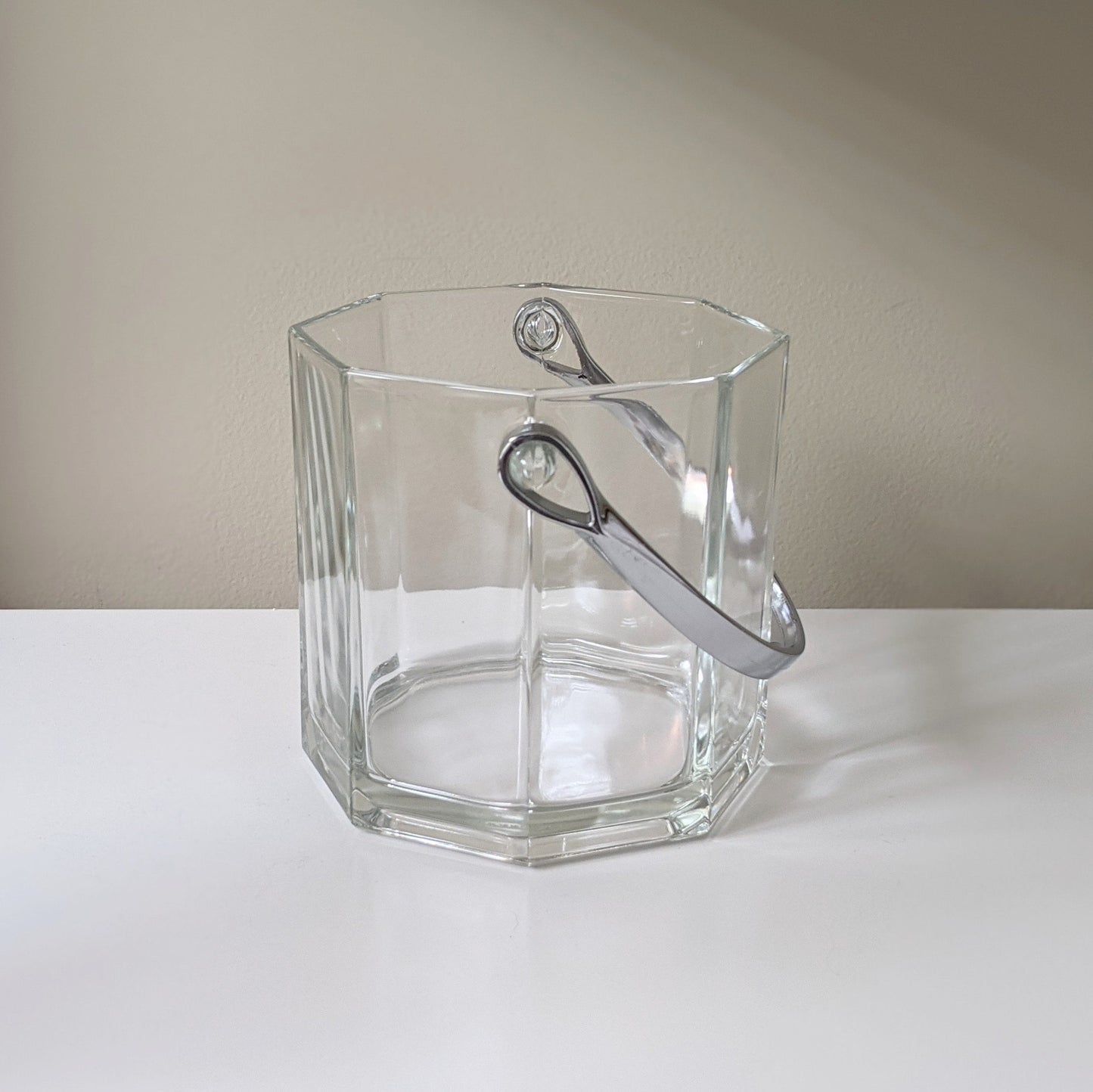 Vintage Octime Clear Ice Bucket by Cristal D'Arques-Durand | Clear Glass | Silver Toned Handle | Octagonal Shape | France | 80's Kitchenware