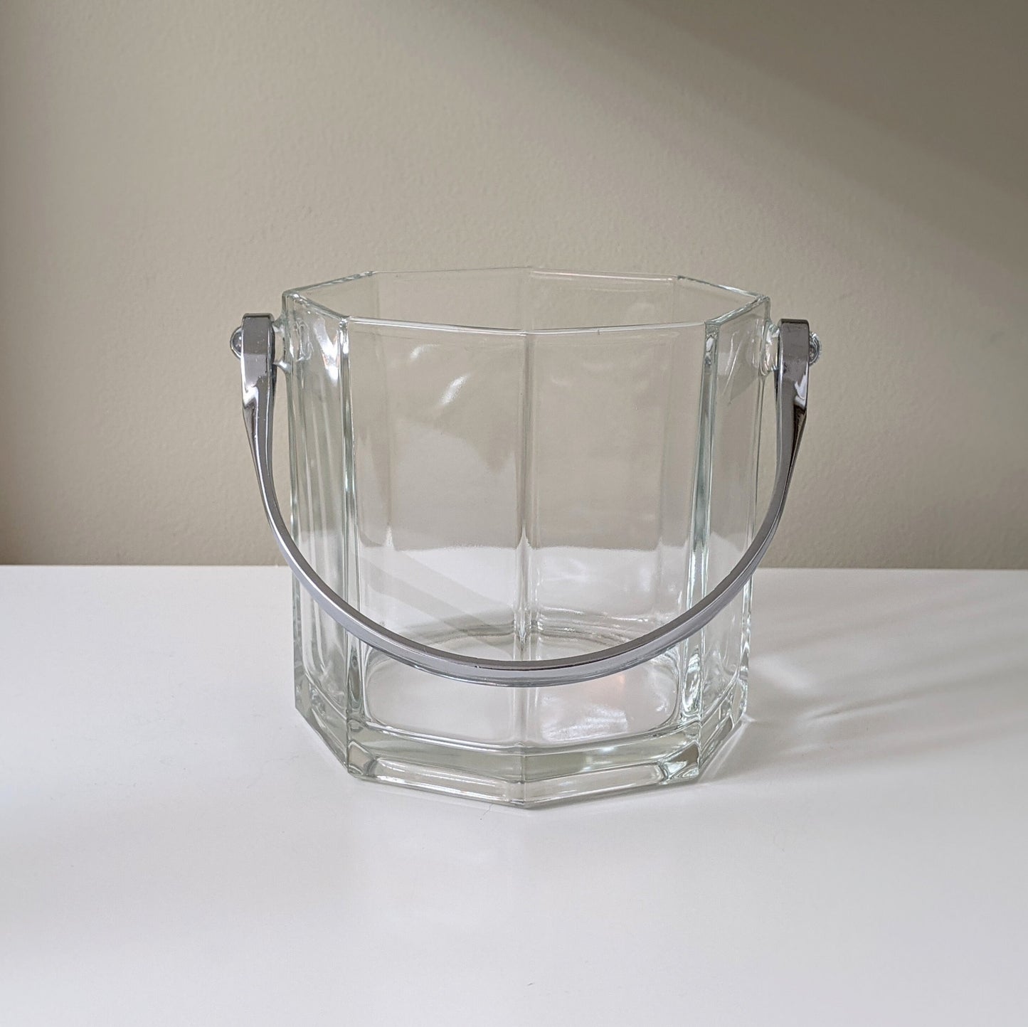 Vintage Octime Clear Ice Bucket by Cristal D'Arques-Durand | Clear Glass | Silver Toned Handle | Octagonal Shape | France | 80's Kitchenware