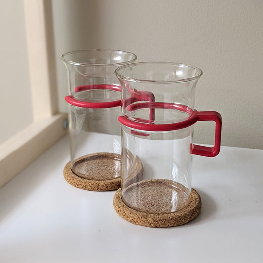 Set of two (2) Vintage Red French Press Bistro Coffee Mugs with Cork Coasters by Bodum | Clear Glass and Red Plastic Coffee Mugs