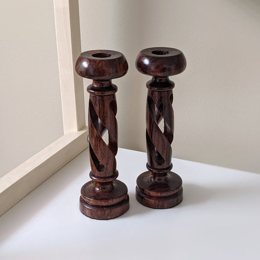 Set of two (2) Vintage Twist Wooden Candlestick Holders