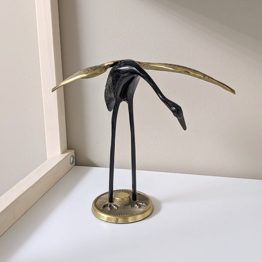 Vintage Brass Black Crane Figurine | Boho Decor