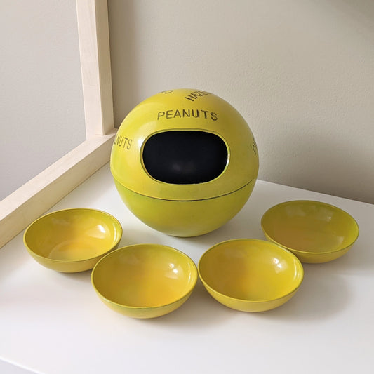 Vintage Yellow Space Age Melamine Spherical Snack Set & Four (4) Dishes | Peanuts Walnuts Pistachio Cashews Hazel Nuts