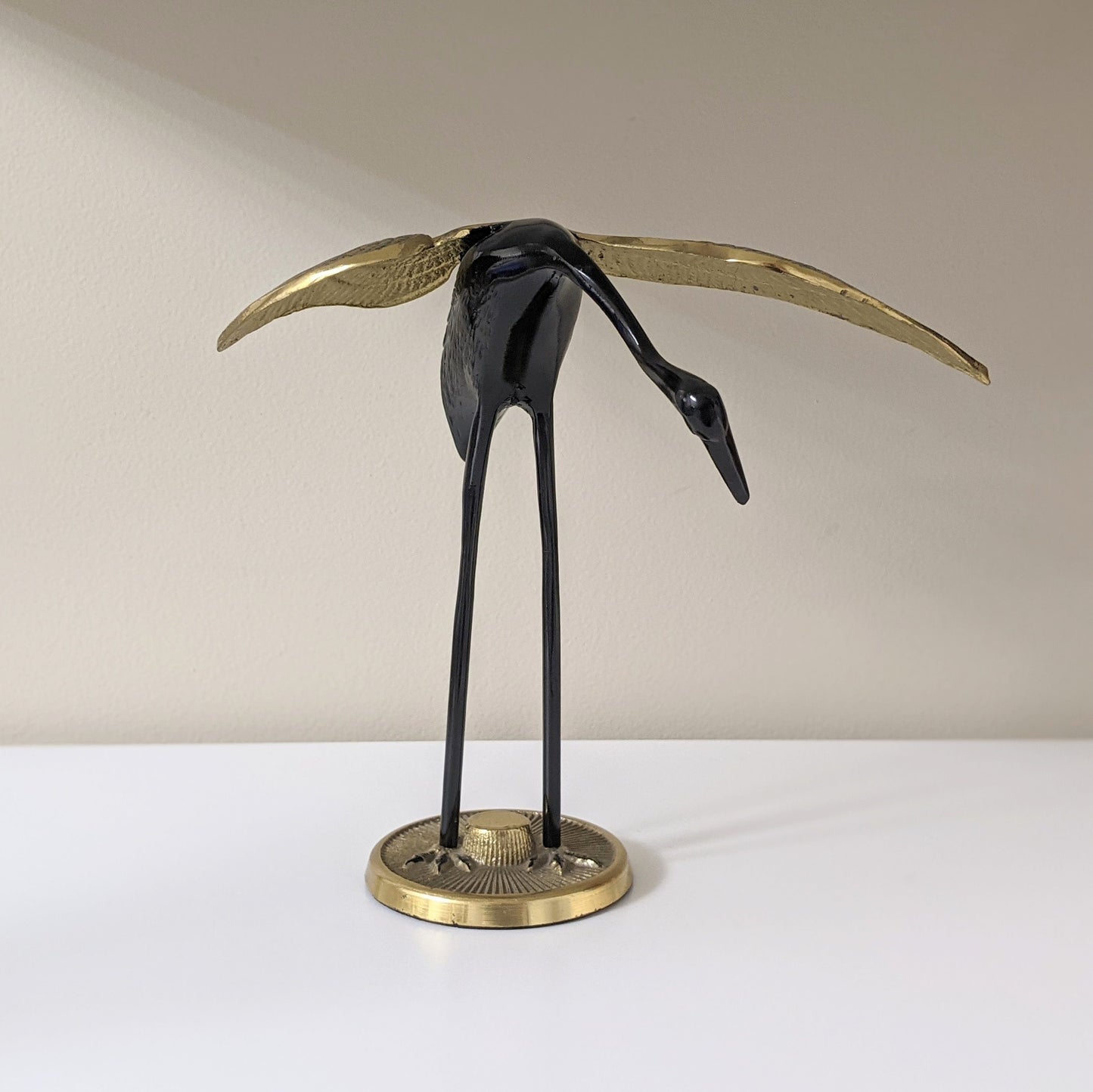 Vintage Brass Black Crane Figurine | Boho Decor