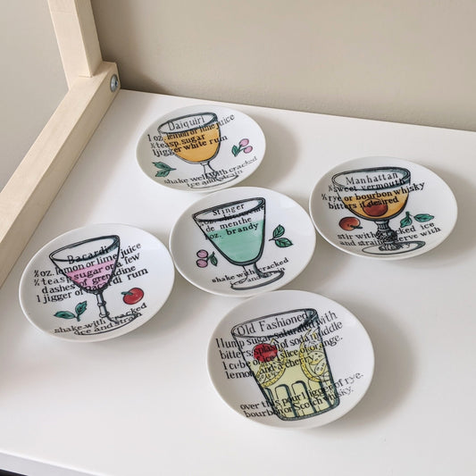 Set of five (5) Vintage Porcelain Recipe Cocktail Drinks Decorative Plates | TD22823 | Made in Japan | Piero Fornasetti Style