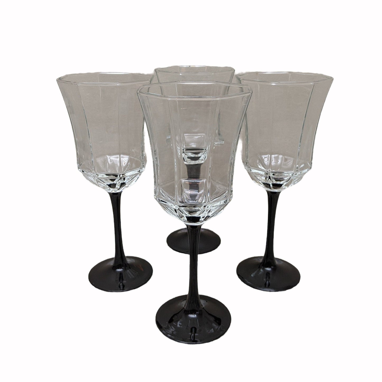 Set of four (4) Vintage Octime Black Stem Water Goblets by Arcoroc Luminarc | Wine Glasses | Made in France | 80's Tableware