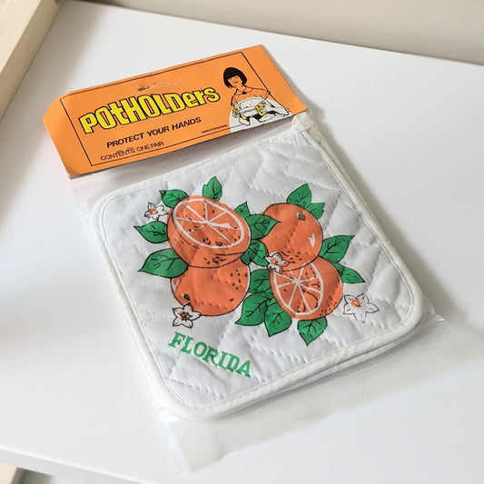 Vintage Kid Toy Pretend White with Oranges Florida Pot Holders | Florida Souvenir | Original Packaging | Made in Hong Kong