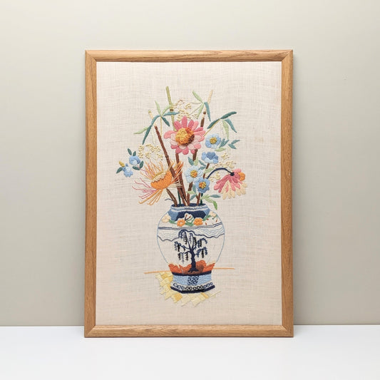 Vintage Handmade Multicolored Flower Vase Framed Crewel