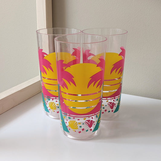 Set of three (3) Vintage Pink Palm Trees and Yellow Sun Clear Plastic Glasses | Made in Taiwan