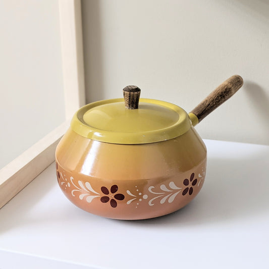 Vintage Retro Orange Yellow and Red Flowers with White Leaves Metal Fondue Pot | Wooden Handle | Made Japan