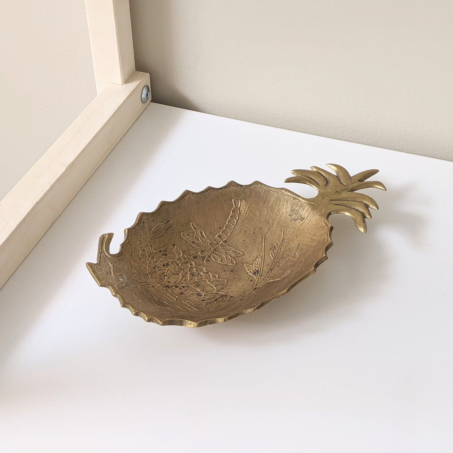 Vintage Brass Pineapple Catchall Dish | Flower and Dragonfly | Trinket Dish | Jewelry Dish